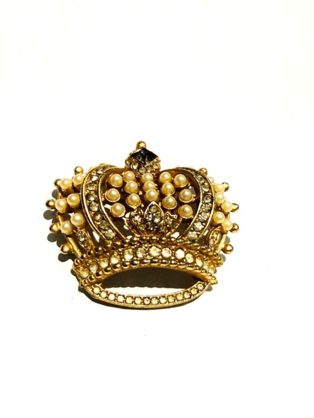 Kenneth Jay Lane Gold-Tone Crown Brooch with Pearls and Clear Crystals